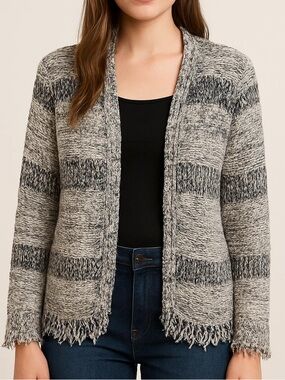 MASSIMO DUTTI open front sweater cardigan metallic threading fringed edges large